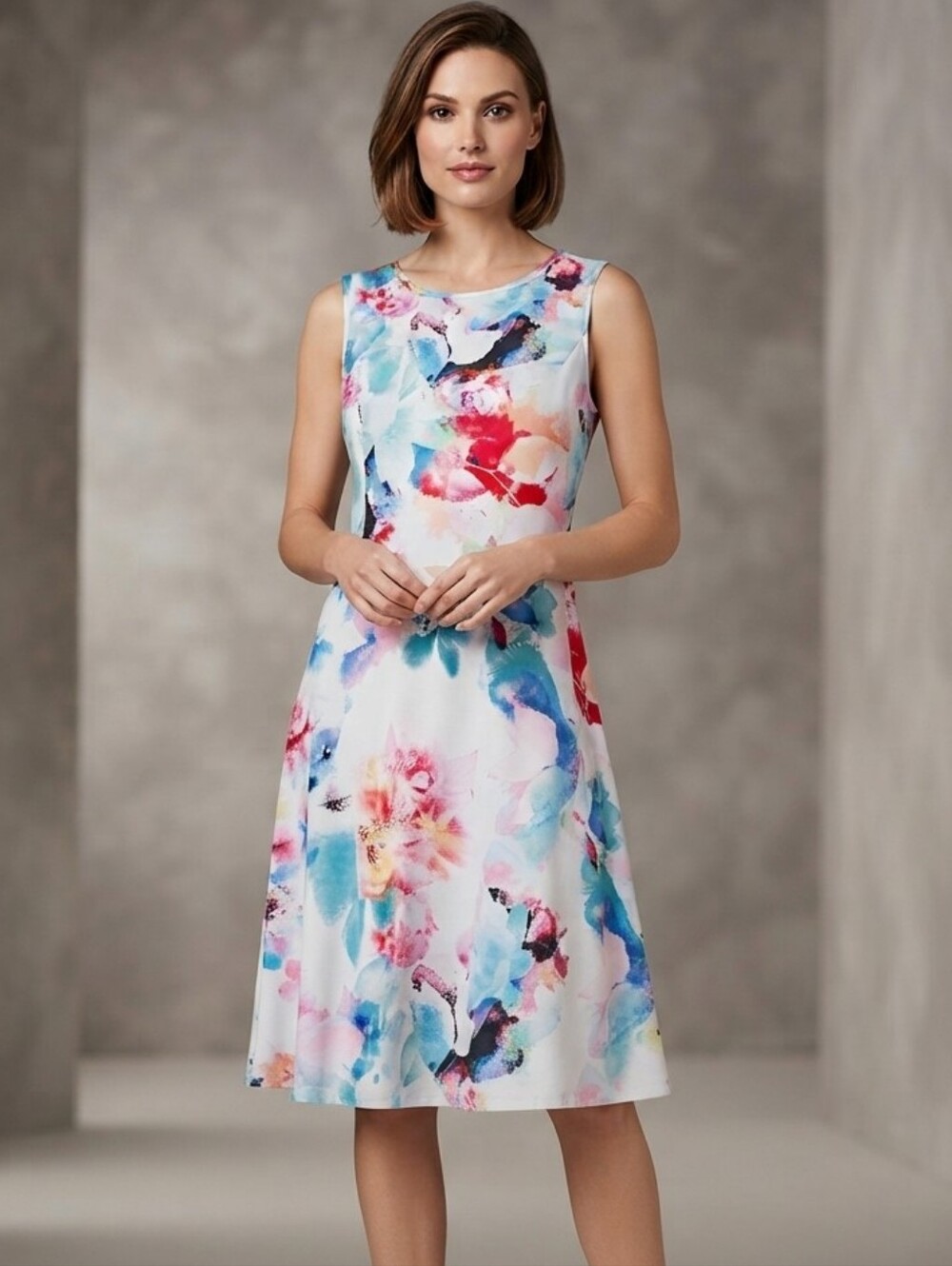 Icône by Simons Watercolor Floral Sleeveless Knee-Length Dress, Size XL